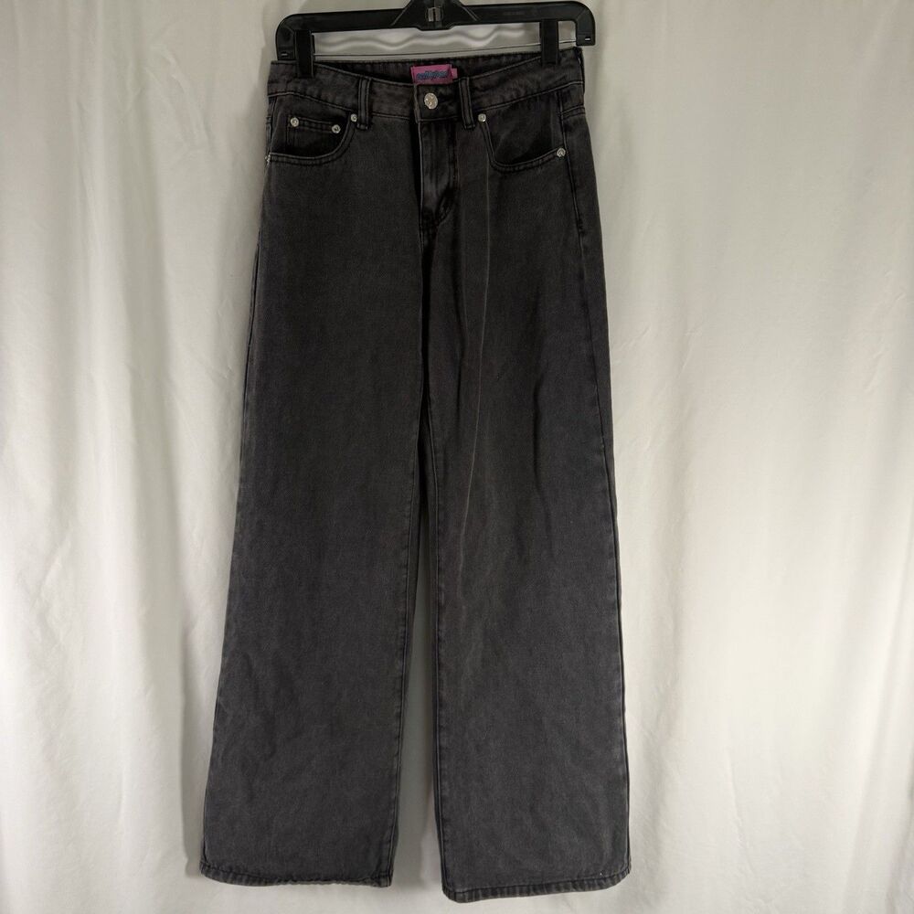 Edikted Wide Leg Denim Jeans Women's XS Black Grey Wash Pockets Button Zip